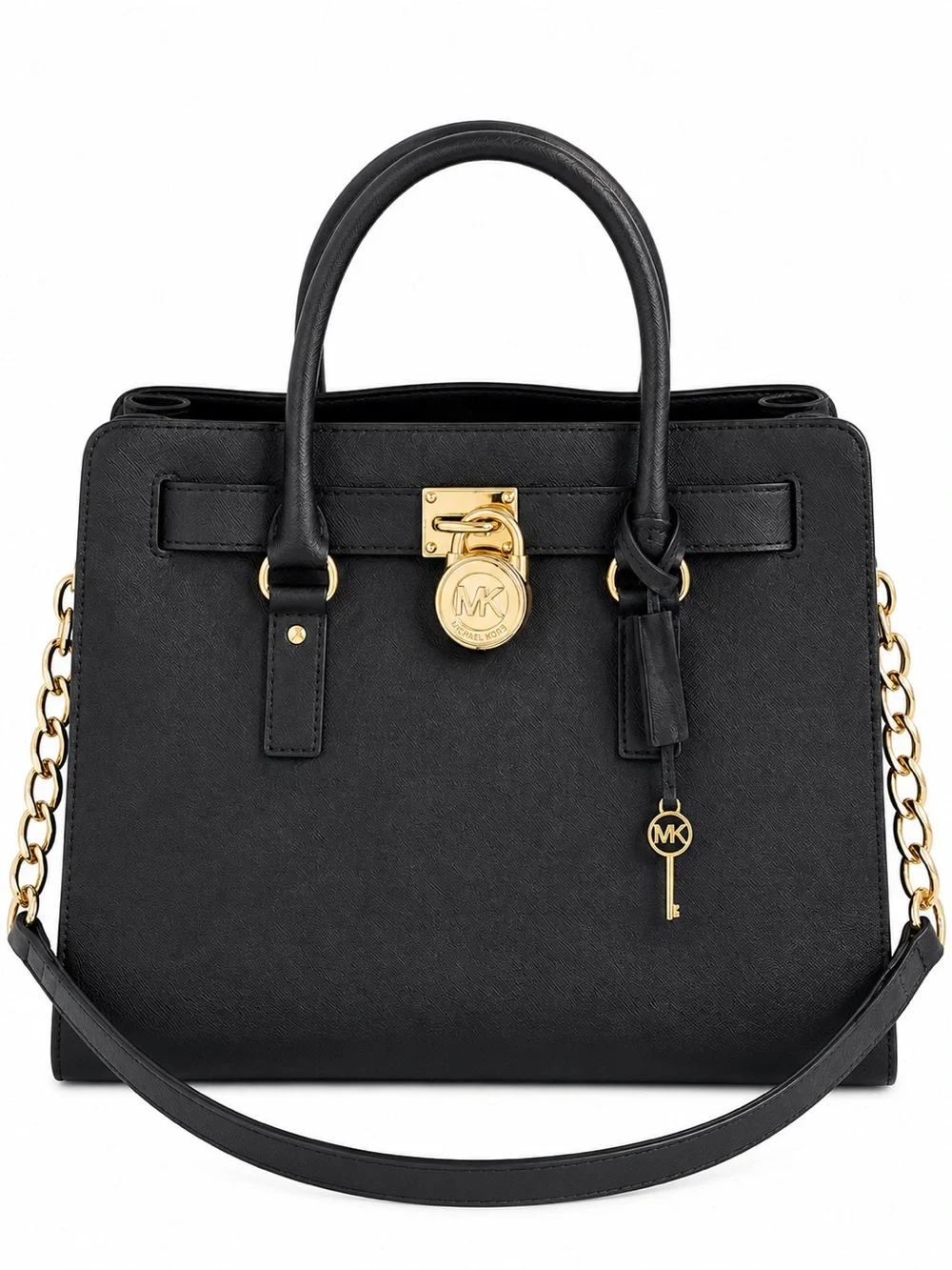 Michael Kors Hamilton Black Saffiano Leather Satchel Tote Lock Key crossbody